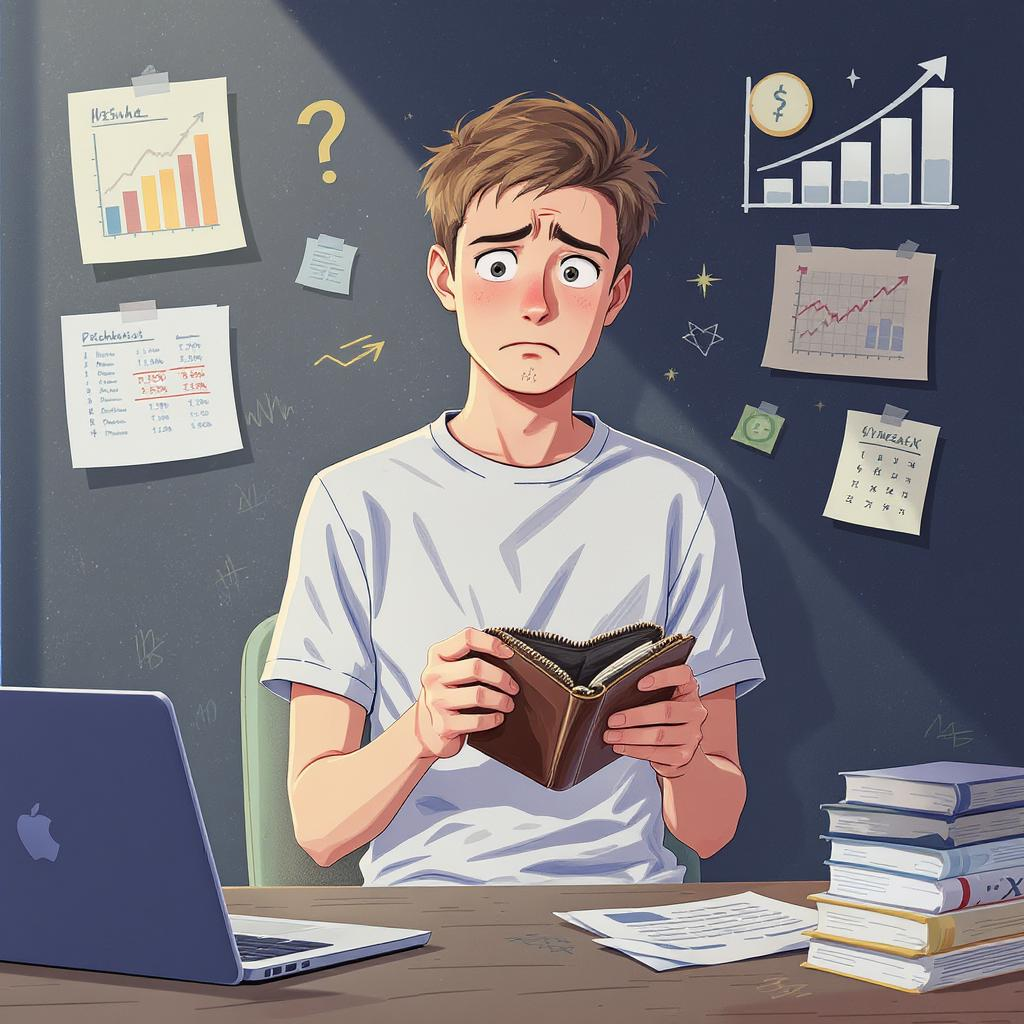 Ilustrasi mahasiswa yang terlihat bingung memegang dompet kosong dengan latar belakang catatan keuangan dan bisnis